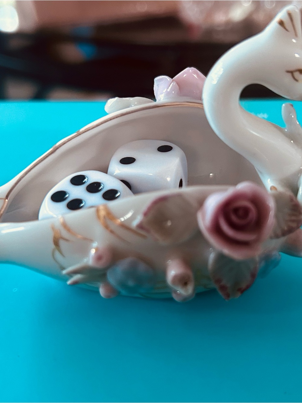 Porcelain Swan Mah Jong Dice Dish with Pink Rose Accent